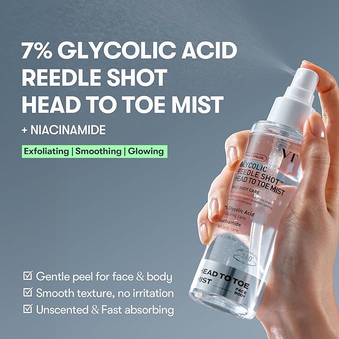 VT COSMETICS 7% Glycolic Acid Reedle Shot Head-to-Toe Mist with Niacinamide, Exfoliating Spray for Bumpy & Strawberry Skin, Dark Spots, Skin Texture, Keratosis Pilaris, Korean Skincare (4.05 fl oz)