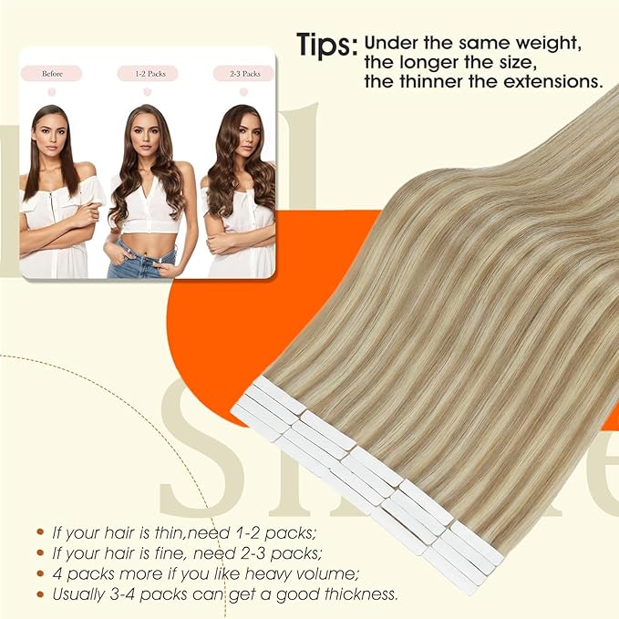 Full Shine Injection Tape in Human Hair Extensions Color 16 Highlighted 22 Blonde Tape in Extensions 24Inch Long Silky Straight Skin Weft 50G 20Pcs Travel Friendly Styling for Women