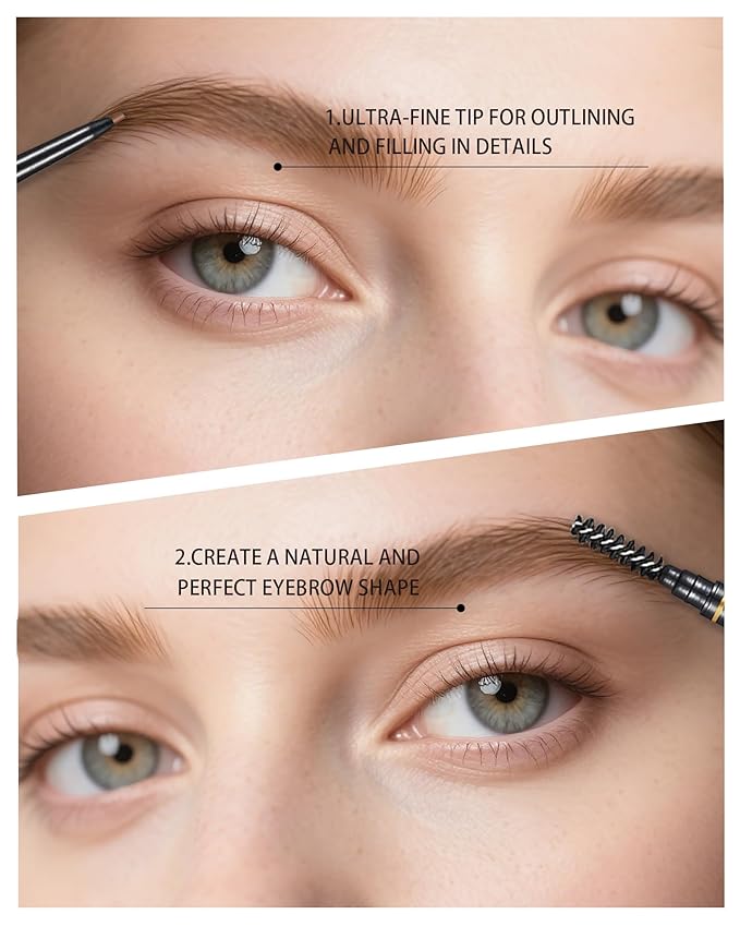 Medium Brown Eyebrow Pencils for Women, 12Pcs Ultra Slim Eyebrow Pencil with 2 Brow Razors Kit, Double Head 1.5mm Micro-Fine Tip & Spiral Brush, Can Draw Fine and Long-Lasting Brows Makeup