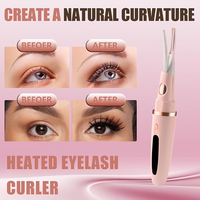 Heated Eyelash Curler - 2 in 1 Clip-Type, LED Display, 3 Temp Settings, USB Rechargeable, Natural Curling, 24H Long Lasting - Pink
