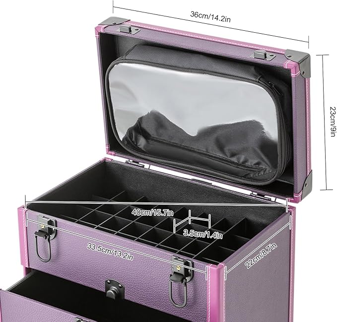 Makeup Train Case, Rolling Makeup Trolley Case, 3 Tiers Lockable Nail Polish Organizer with 2 Keys 4 Wheels (2 with Brakes) for Travel Makeup Artists Nail Technicians (Purple Case, Black Lock)