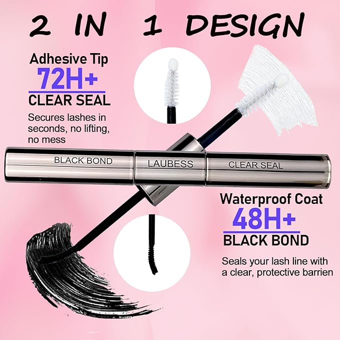 Lash Bond and Seal Lash Glue Waterproof LAUBESS 2-in-1 Cluster Lash Glue for Eyelash Clusters 72H 10ml (Black/Clear)