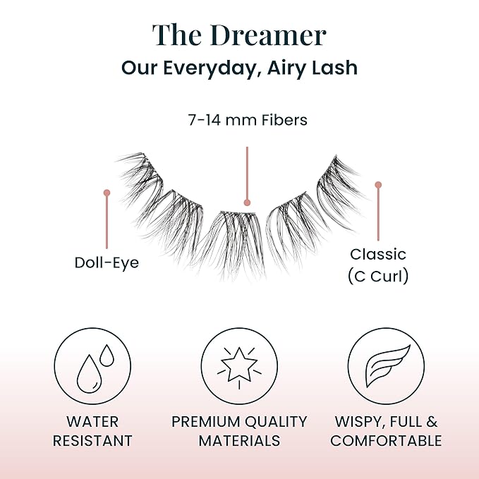 FlutterHabit The Dreamer Lash Starter Set, Underlash Extension Kit for Beginners, 6 Lightweight Faux Mink Clusters in 7 to 14 mm Doll Eye Style, Reusable DIY Cluster Lashes, Adhesive Sold Separately