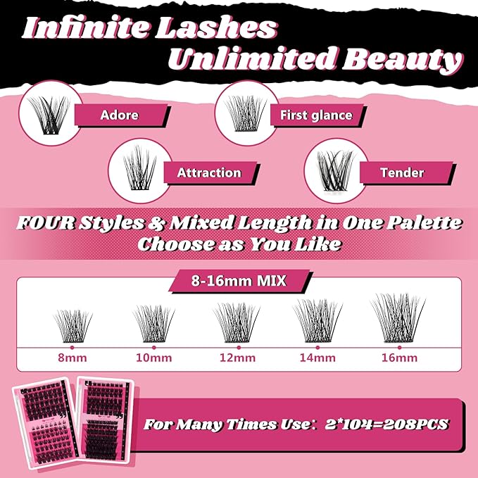 DIY Lash Extension Kit Cluster Lashes Kit with 208 Pcs Lash Clusters Lash Bond Remover Eyelash Applicator Beginner DIY Lashes Kit Easy to Use(DIY Lash Kit,4 Styles Mix-B)