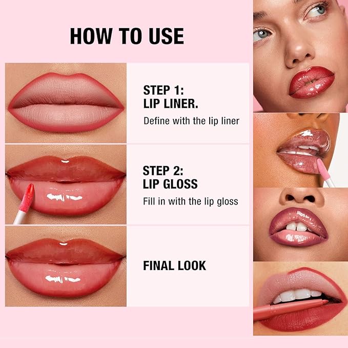 Pink Lip Liner Waterproof Lip Liner and Gloss Set High Pigment Long Lasting Plum Smudge proof Lip Gloss and Lip Liner Set (01# Light Pink)