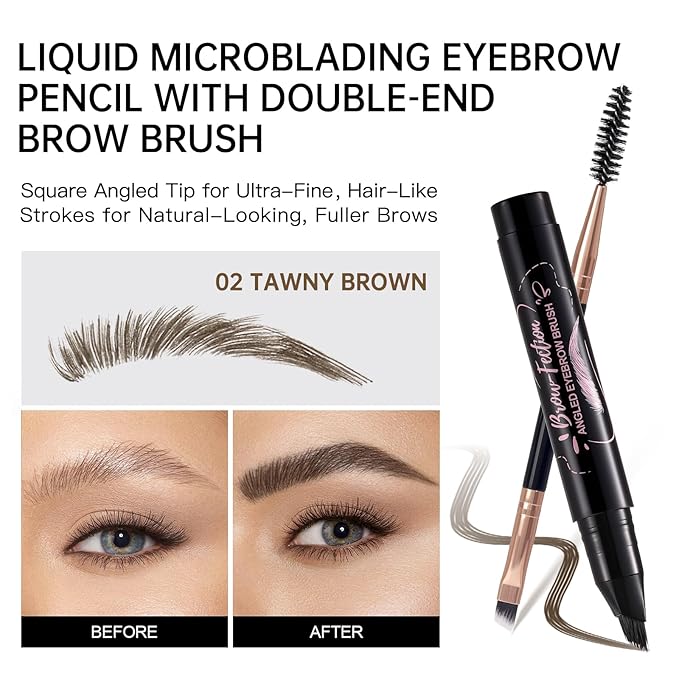 Liquid Microblading Eyebrow Pencils for Women–Waterproof, Quick-Drying, Eye Brow Pen with Angled Brush, Brow-Fection Natural Hair-Like Strokes, with Eyebrow Brush for Blending 02 Tawny Brown