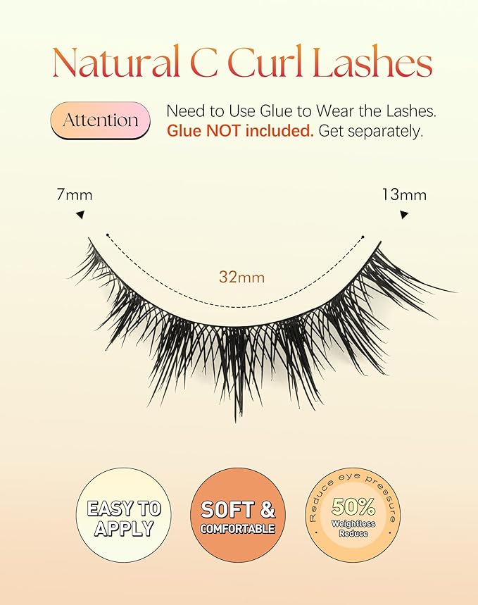 Lashes Cat Eye False Eyelashes Natural Look 13MM Manga Lash Strips C Curl Eye Lashes Pack with 0.03MM Thin Band ChirpyLuna Fake Eyelashes, 7 Pair