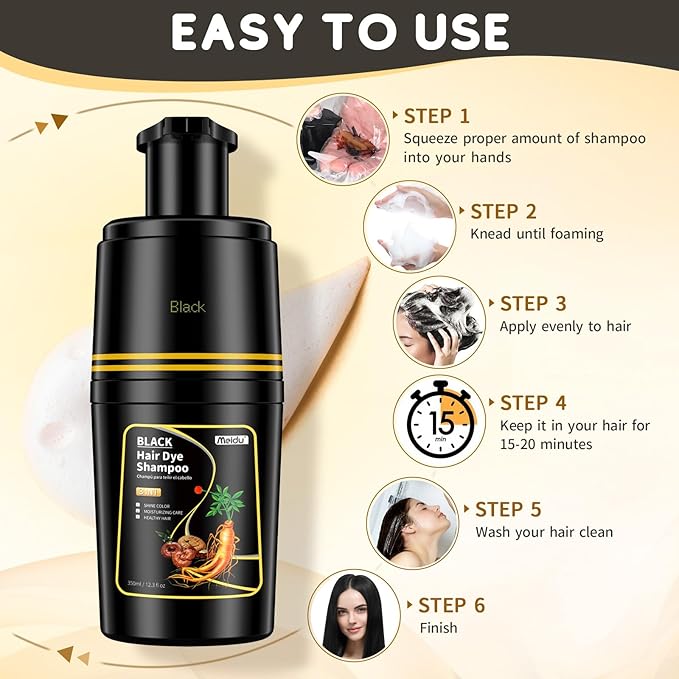 Black Hair dye Shampoo 3 in 1, Natural Hair Color Shampoo for Gray Hair, Tinte Para el Cabello for Women and Men 100% Grey Coverage, 350ml