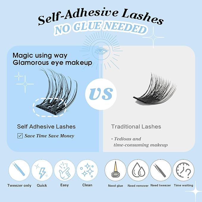 KevKev Self Adhesive Eyelashes 40Pcs Press On Lashes No Glue Needed Self Adhesive Lash Clusters Reusable Pre-Glued Eyelashes with Tweezers DIY Lash Extension Kit for Beginners (Blizzard, D-10-18mix)