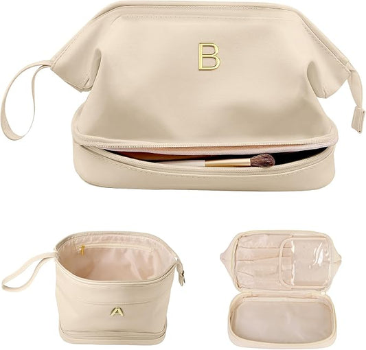 Monogrammed Gift for Women Girls, Initial Makeup Bag, Personalized Double Layer Cosmetic Bag with Makeup Brush Organizer, Large Capacity PU Leather Travel Toiletry Bag, Sister Gifts