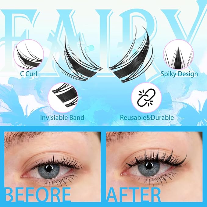 Fairy Manga Lash Clusters 10-14mm C Curl Spike Eyelash Clusters Lashes Extension Fairy Lash Clusters Lashes Cluster with Invisiable Band (Fairy)