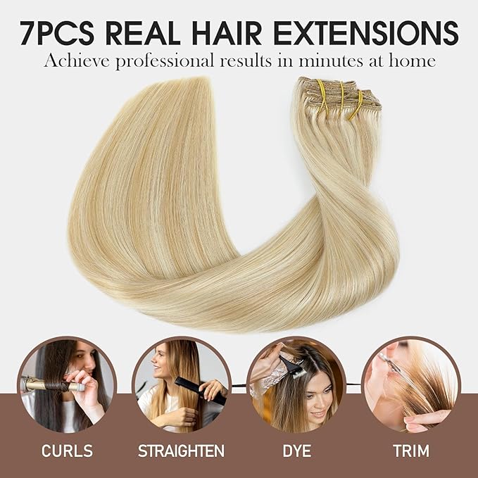 VINBAO Thick Clip in Extensions Real Human Hair, Balayage Golden Brown to Platinum Blonde, Clip in Human Hair Extensions, 20Inch 160g #27P60 7PCS Double Weft (#HC27P60,20'')