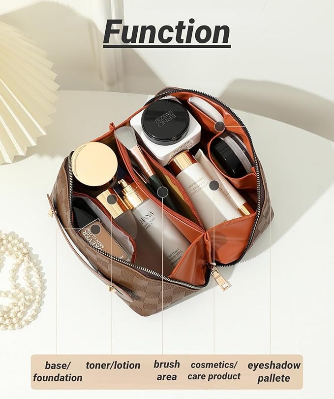 Large Capacity Makeup Bag Portable Travel Cosmetic Bag for Women Girls Gift Makeup Pouch Portable Zipper Bag (White Checkered - upgrade)