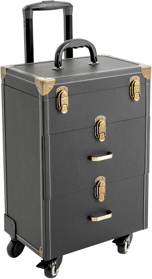 Makeup Train Case, Rolling Makeup Trolley Case, 3 Tiers Lockable Nail Polish Organizer with 2 Keys 4 Wheels (2 with Brakes) for Travel Makeup Artists Nail Technicians (Black Case, Tan Lock)