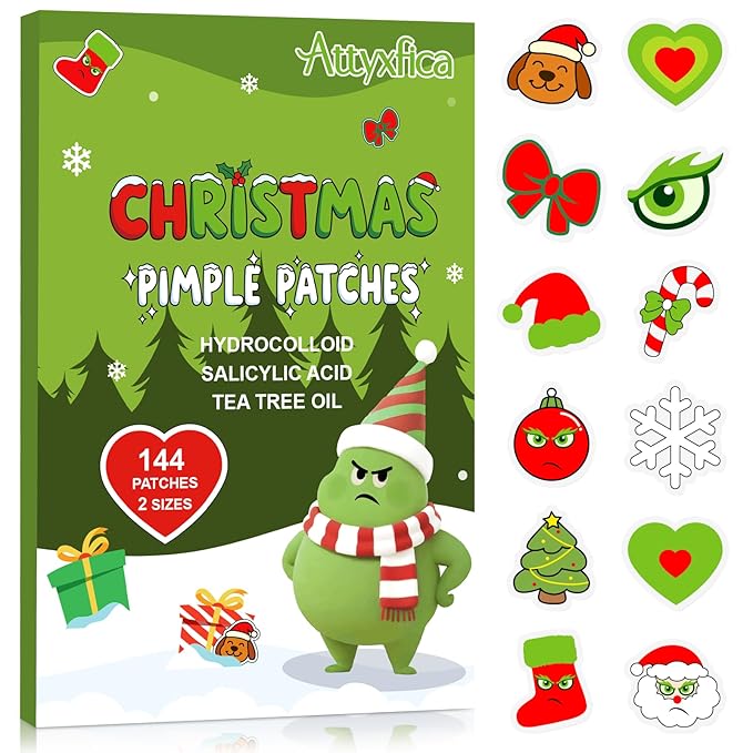 Christmas Cute Hydrocolloid Pimple Patches - Fun Acne Patches for Zits and Blemishes, Pimple Stickers for Face and Skin, Tea Tree Oil & Salicylic Acid, 144 Count