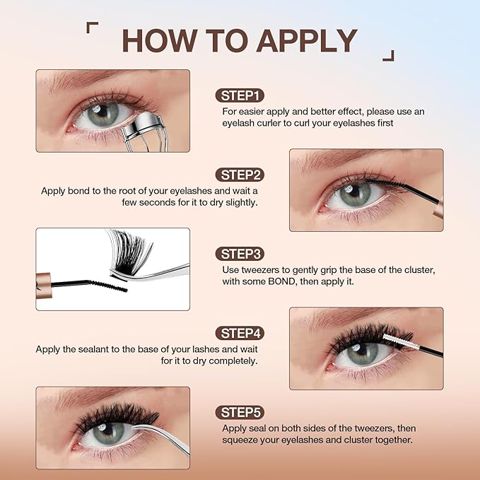 Lash Clusters Kit, DIY Cluster Eyelash Extensions 10‑20mm, 80D, 240pcs Fluffy D Curl Natural Lashes with Bond & Seal,Remover,Tweezers – Fake Cat Eye Individual Clusters