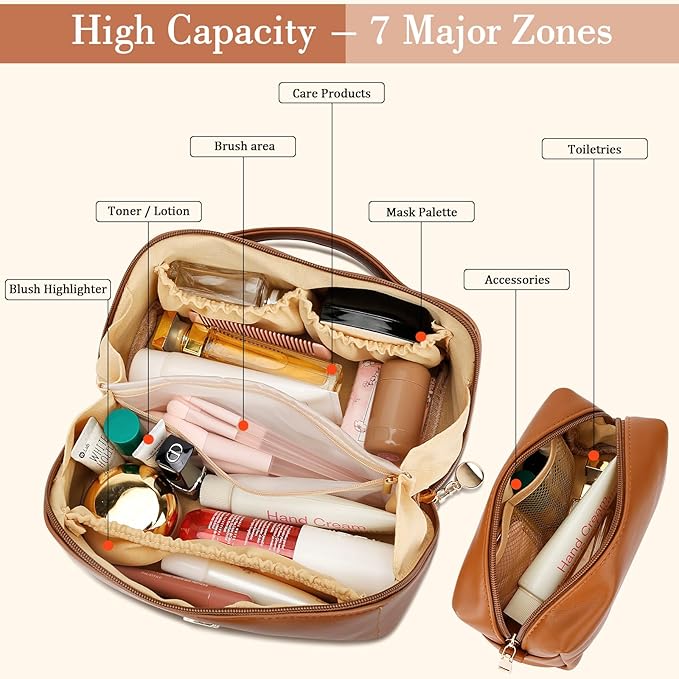 Birthday Gifts for Women Teen Girl, Personalized Initial Makeup Organizer Bag Set, Open Flat Travel Cosmetic Bag With Clear Divider and Handle(Brown,J)