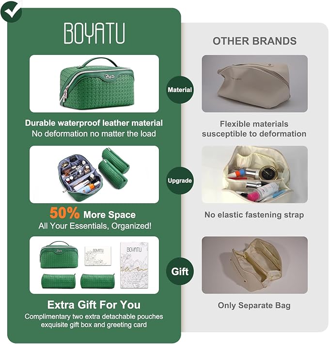 BOYATU Travel Makeup Bag Cosmetic Bags for Women: Large Capacity 3 Pcs Set Make up Bag with Compartments - Waterproof Vegan Leather Toiletry Organizer Bags with Handle (L12 Green)