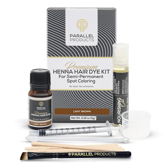 Parallel Products Spot Color Henna Kit - Henna Hair Dye - 5 Grams - Tint for Professional Spot Coloring - with Nourishing Oil, Mixing Dish and Application Brush - Root Touch Up (Light Brown)