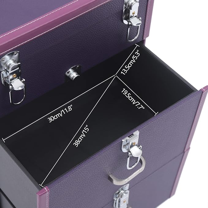 Makeup Train Case, Rolling Makeup Trolley Case, 3 Tiers Lockable Nail Polish Organizer with 2 Keys 4 Wheels (2 with Brakes) for Travel Makeup Artists Nail Technicians (Purple Case, Silver Lock)