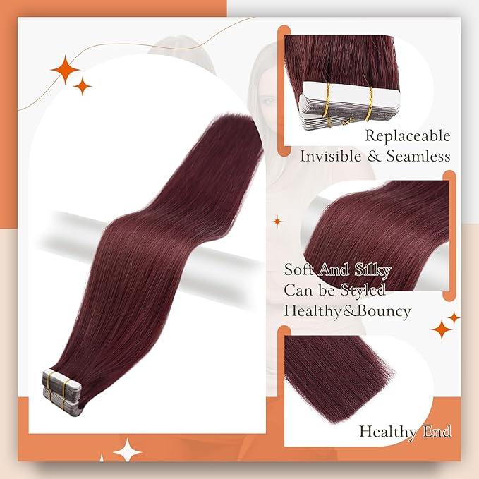 Full Shine Tape in Extensions Wine Red Tape in Hair Extensions Human Hair for Women 16 Inch Human Hair Extensions Seamless Skin Weft Tape ins Human Hair 50 Gram 20 Pcs Burgundy Hair Extension