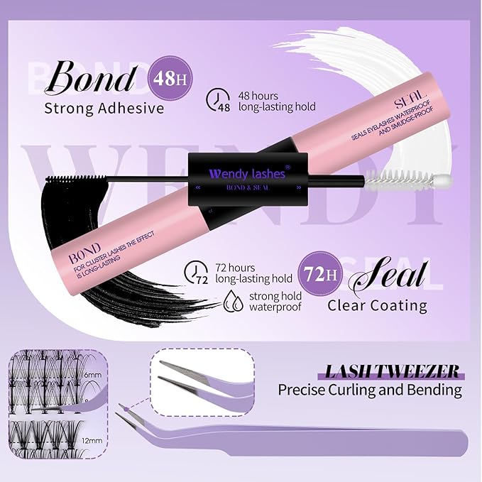 DIY Lash Extension Kit Lash Clusters With Bottom Lashes 20/30/40/50D 12-18mm Multi-types Individual Lashes Bond and Seal, Spike, Nature Volume Lashes Kit Lash Applicator(40/50 Kit)