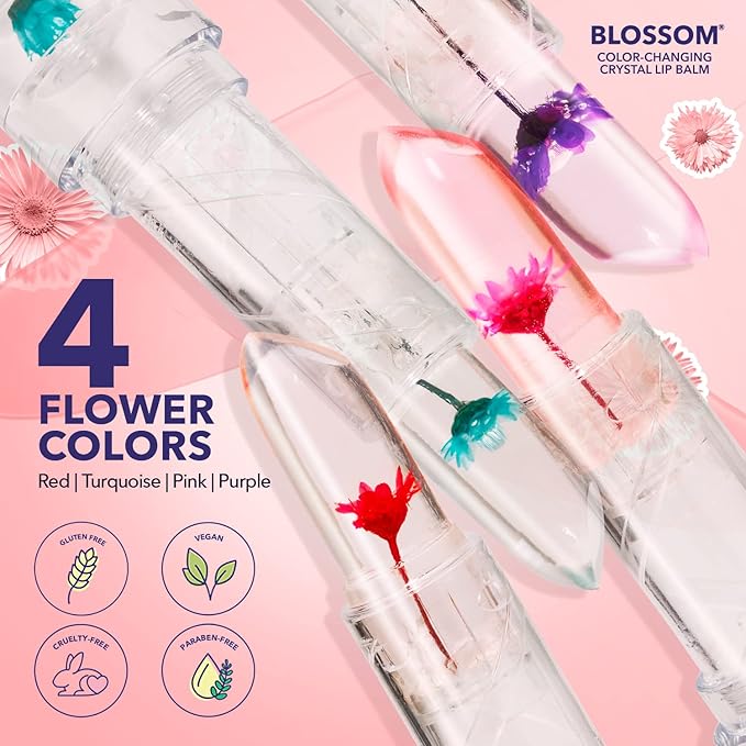 Blossom Moisturizing Scented pH Color Changing 2 pack, Strawberry Scented Crystal Lip Balm (Red), Shimmer Sparkle Lip Stain Tint (Blush), Infused with Real Flowers, 6g, Red/Blush