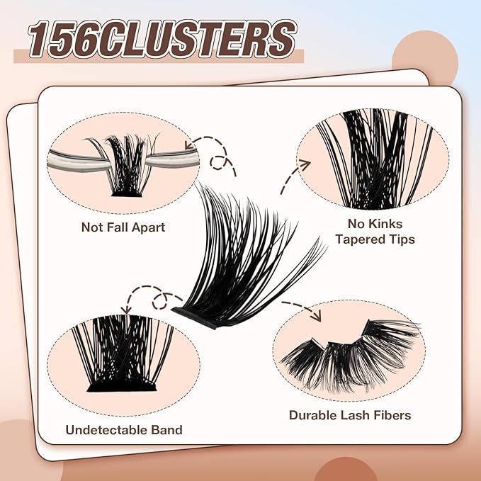Lash Clusters Kit, DIY Cluster Eyelash Extensions 10‑20mm, 100D+200D, 156pcs Fluffy D Curl Natural Lashes with Bond & Seal,Tweezers–Fake Cat Eye Individual Clusters