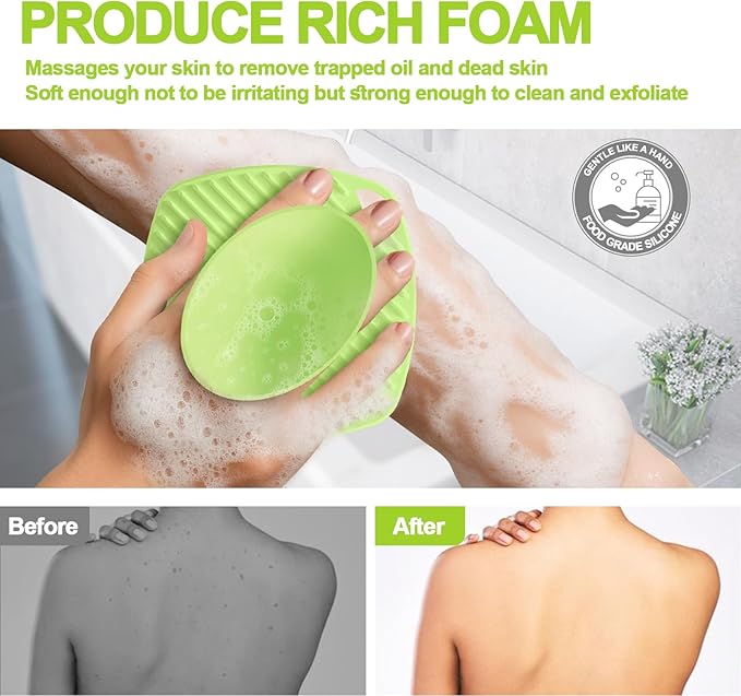 Silicone Body Scrubber, Gentle Texture Exfoliating Body Scrubber for Men and Women On Sensitive Skin, Soft Scrubber Produces Rich Form and Builds Up Lather, Getting a Deep Skin Clean (Green)