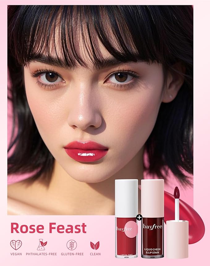 bayfree Tinted Lip Oil & Lip Stain Set, Korean Makeup, Smudge-Proof,Long-Wearing, 2-in-1 Cheek and Lip Tint with Moisturizing, High-Shine, Lightweight & Non-Sticky for Dry Lips, Cruelty-Free & Vegan