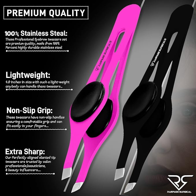 Professional Eyebrow Tweezers Slanted Tip Stainless Steel 2,3xPcs Set, Non-Slip Grip Slant Tip Tweezers for Facial Hair, Plucking Removing Ingrown Hairs, Tweezer for Women Men (Black&Pink)