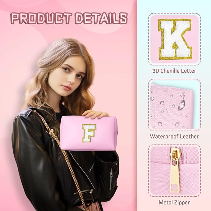 TOPEAST Cosmetic Travel Bags for Women, Preppy Small Makeup Bag, PU Leather Waterproof Toiletry Bag, Unique Friendship Gifts for Friends Coworker, Cute Stuff for Girls (Pink R)