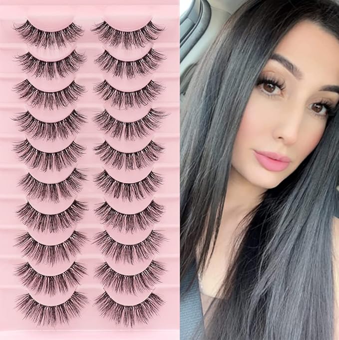Veleasha Clear Band Lashes 10 Pairs Pack D Curl Russian Strip Lashes,Natural Look Transparent Soft Band Faux Mink Eyelashes for Eye Makeup (D03-T)