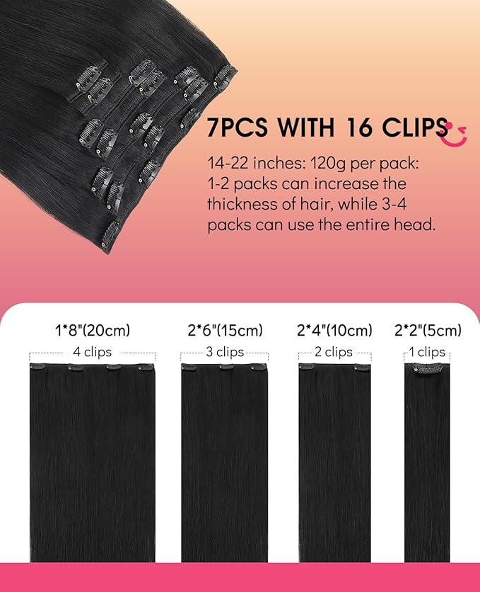 Youngsmile Human Hair Clip in Hair Extensions, 18 Inch 120g 7pcs, #1 Jet Black Rallonge Cheveux Humain Thick End Clip in Real Hair Extensions Easy To Install for Full Head (CLIP#1-18Inch)