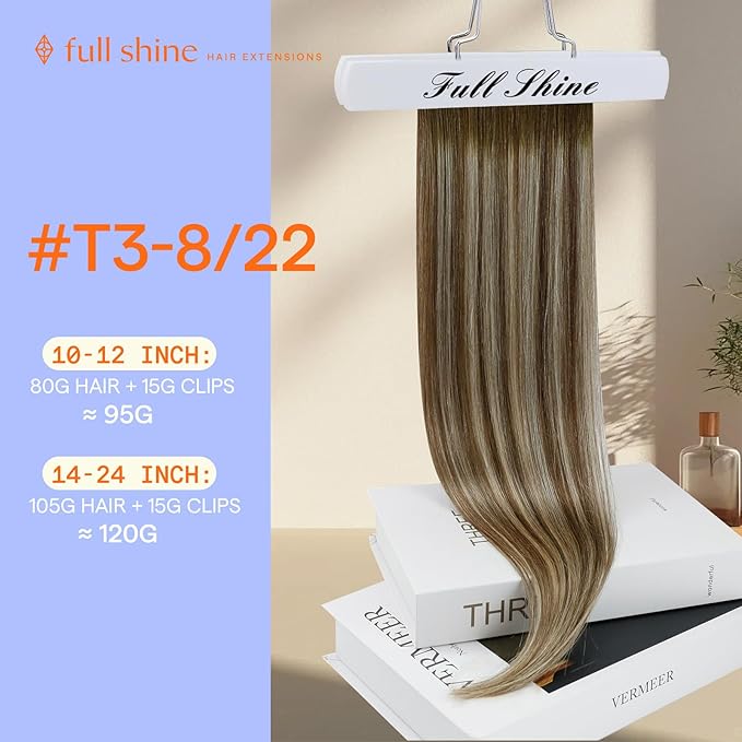 Full Shine Brown Clip in Hair Extensions Real Human Hair Ombre Clip in Extensions Balayage Brown to Blonde Short Hair Extensions for Bob 12 Inch 95 G 7 Pcs