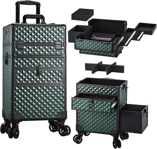 Joligrace Rolling Makeup Case with Wheels & Drawers Large Professional Cosmetology Trolley Case Travel Cosmetic Storage Train Cases for Nail Technicians, Makeup Artist and Hairstylist Dark Green