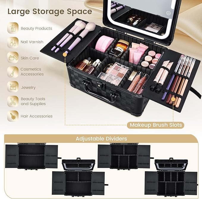 Makeup Case with Magnetic Lighted Mirror 10.15 IN Makeup Organizer Box Travel Cosmetic Case with 3 Colors LED Mirror Portable Vanity Make up Suitcase with Dividers Brush Holder Lock Black Checkerboard