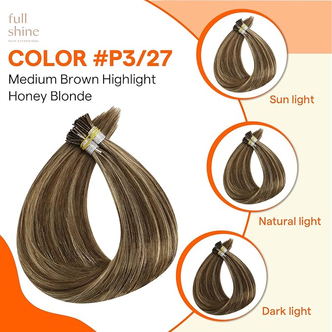 Full Shine I Tip Hair Extensions Real Human Hair 20 Inch Brown Highlighted Honey Blonde Cold Fusion Extensions Remy Hair 40 Grams Itip Human Hair Extensions add Length