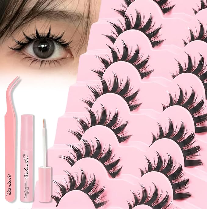 Veleasha Lashes Manga Eyelashes Spiky Eye Lashes Anime Lash 8D Doll Lash Natural Look Soft Wispy Fake Eyelashes with Lash Glue & Tweezers 7 Pairs (Cutes Kit)