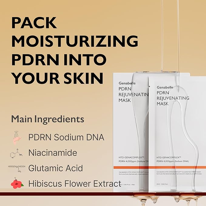 Genabelle PDRN Rejuvenating Mask Sheet - Lightweight Glass Skin & Toning Mask Sheet with PDRN, Niacinamide, Hyaluronic Acid, To Deeply Hydrate, Cool, and Visibly Plump the Skin, 0.84 fl oz* 5ea