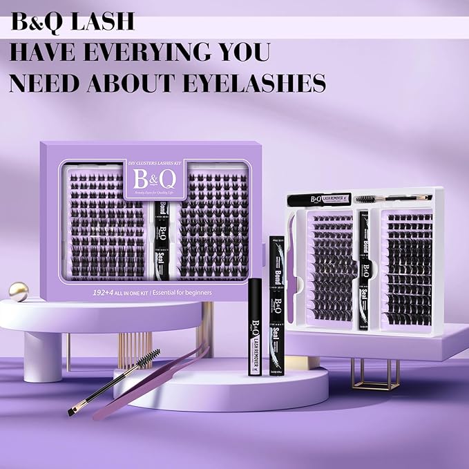 B&Q Lash Extension Kit 192 pcs Eyelash Extension Kit B02+B07 8-18mm Mixed Lash Clusters Kit Individual Lashes Kit Wispy with Lash Glue and Remover Applications Eyelash Kit (B02+B07, Kit)