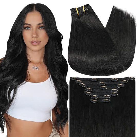 Full Shine Black Clip in Hair Extensions for Short Hair 10 Inch Clip in Extensions Real Human Hair Black Hair Extensions Clip ins Straight Invisible 7 Pcs 95 G
