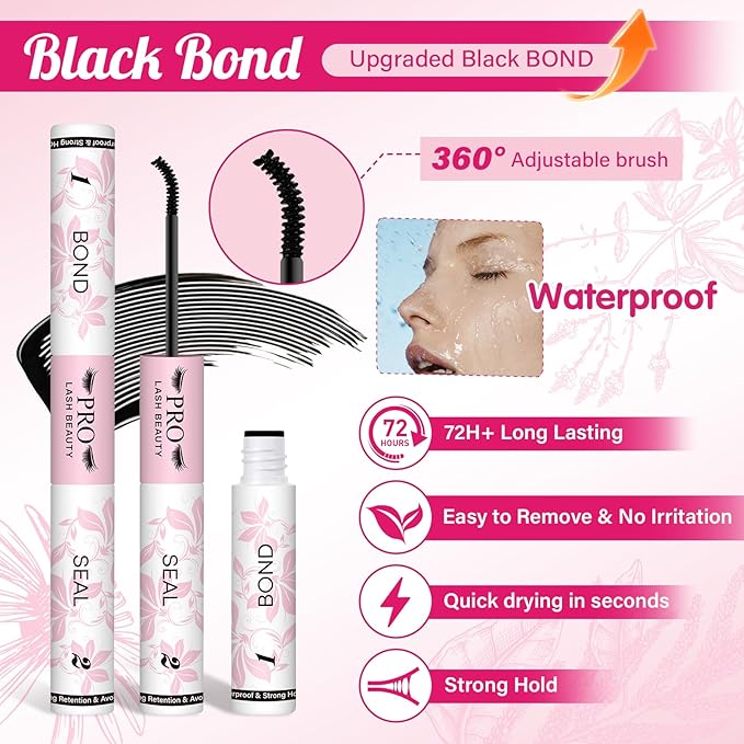 PROLASHBEAUTY Lash Cluster Glue Upgraded 2 in 1 Black Lash Bond and Seal Lash Glue for Eyelash Clusters Waterproof Strong Hold Eyelash Glue Long-Lasting 72H+ (10ml, Black Bond & Clear Seal)