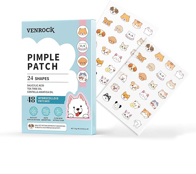 VENROCK Pimple Patches for face,24 Cute Pet Shapes 48 Count Hydrocolloid Acne Treatment for Covering Zits & Blemishes Spot for Kids & Adults, with Salicylic Acid, Tea Tree Oil, Centella Asiatica Oil