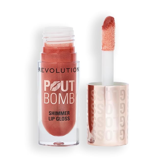 Revolution Beauty London, Pout Bomb Shimmer Gloss, High-Shine Lip Gloss & Shimmer for Glossy Lips with Hyaluronic Acid & Sweet Vanilla Scent, Nude Glow, 0.15 oz