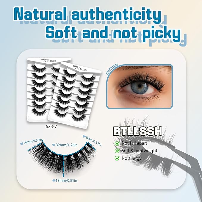 Mink Lashes Fluffy Wispy Lashes Natural Look 3D False Eyelashes D Curl Russian Strip Lashes 14 Pairs Short Fake Eyelash Pack