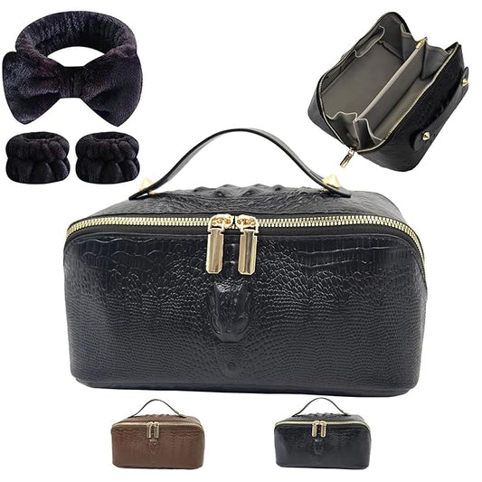 Makeup Bag, Travel Toiletry Bag for Women, Large Capacity Waterproof Crocodile Pattern PU Leather Cosmetic Bags Make Up Organizer Bags with Headband and Wristband Set (Black)