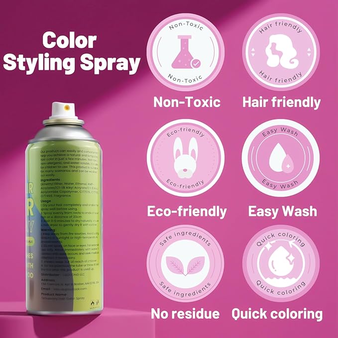 Pink Hair Spray, Temporary Hair Color Spray for Women Men– Safe Non Sticky Washable One Day Hair Dye Spray, Disposable Accessories Included, for Halloween Cosplay Party DIY Costume Pet Fun