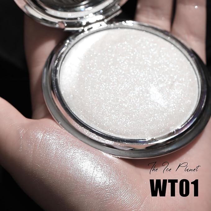 FOCALLURE Shimmer Face Highlighter Makeup Powder, Gel to Powder Glow Finish, Leaving a Lightweight & Healthy Radiance, Long Lasting Luminous Face Body Highlighter Makeup,WT01 The Ice Planet