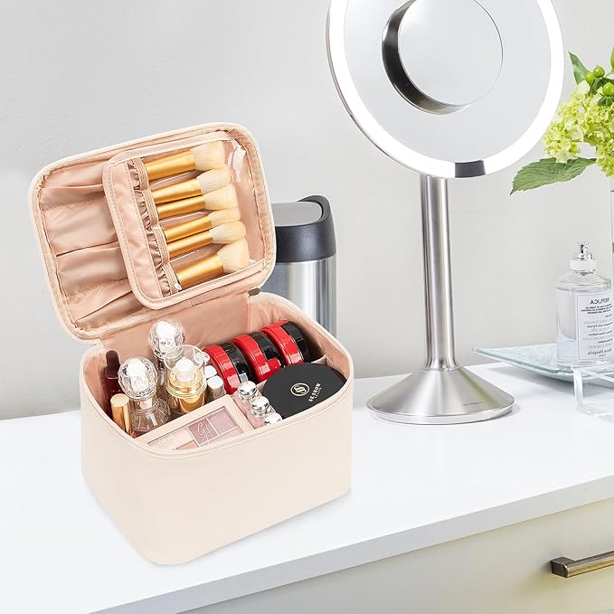 OCHEAL Makeup Bag, Make Up Bag for Cosmetics Vertical Storage,Toiletry Bag for Skincare Makeup Organizer Bag for Travel,With Makeup Brushes Compartments & Dividers -Beige